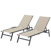 Outsunny Sun Loungers Set of 2 with Side Tray Table, Garden Recliners with 5-Position Adjustable Backrest, 2 Wheels, Khaki(m-11)