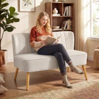 HOMCOM Sofa w stylu retro 2-osobowa, nogi drewniane, 117 cm x 56,5 cm x 77 cm, kremowo-biała(m-2)