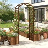 Outsunny Wooden Garden Arch with 2 Planter Boxes, Outdoor Rose Arch Trellis for Climbing Vines, Carbonised(m-8)