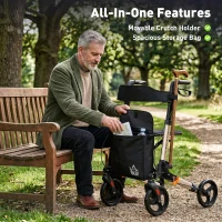 HOMCOM Rollator Walker with Seat, Compact Quick Folding Mobility Walker with 8" Wheels, Carry Bag, Adjustable Height, Cane Holder and Lightweight Aluminium Frame for Seniors and Disabled, Gold Tone(m-4)