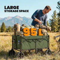 Outsunny 95L Foldable Festival Trolley on Wheels, Collapsible Wagon Cart with Adjustable Handle and 2 Cup Holders, Dark Green(m-4)