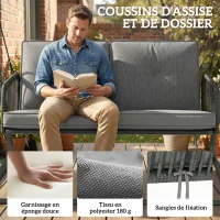 Outsunny Balancelle de jardin 2 places en résine tressée, balançoire extérieure avec toit réglable et coussin épais, gris(m-6)
