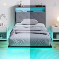 HOMCOM Floating Bed Frame, Upholstered 3ft Single Size Bed, Platform Bed with RGB LED Lights and Charging Station, Grey(m-9)