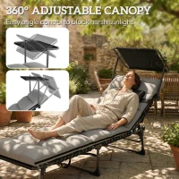 Outsunny Folding Sun Lounger with Canopy, Reclining Sunbed with Cushion, Side Pocket, Carrying Handle, Light Grey(m-4)