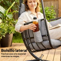 Outsunny Hängesessel im Ei-Design mit Gestell Klappbarer Korb Kopfstütze Kissen Seitentasche Belastbarkeit 120 kg Dunkelgrau(m-4)