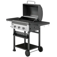 Outsunny Gasbarbecue 9 kW 3 Branders BBQ Grillwagen Roestvrij Staal incl. Uitklapbare Zijtafels Kruidenrek Onderrek 6 Haken(m-10)