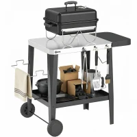 Outsunny Kitchen Trolley with Wheels, Serving Cart with Hooks, Paper Roll & Towel Holder, Stainless Steel, 115 x 67.5 x 80.5 cm Black(m-6)