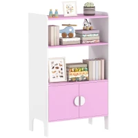 AIYAPLAY Libreria per bambini, 2 Ripiani, 2 Armadietti, autoportante, Design anti-ribaltamento, Piedini antiscivolo, MDF, Rosa+bianco(m-7)