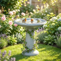 Outsunny Vogelbad van hars voor buiten, rond vogelbad 51 cm met steenlook, vrijstaand voeder- en drinkstation voor vogels, Grijs(m-9)