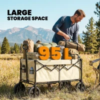 Outsunny 95L Foldable Festival Trolley on Wheels, Collapsible Wagon Cart with Adjustable Handle and 2 Cup Holders, Khaki(m-4)