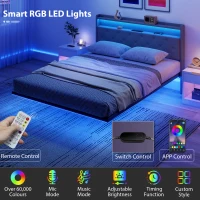 HOMCOM Floating Bed Frame, Upholstered 5ft King Size Bed, Platform Bed with RGB LED Lights and Charging Station, Grey(m-5)