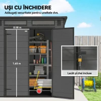 Outsunny Magazie de Grădină 2.89m² din PP și Aluminiu cu Podea, Depozit Grădină cu Uși Duble cu Încuietoare, Aerisiri, 3 Ferestre, Acoperiș Înclinat, Mănuși, Gri Închis(m-6)