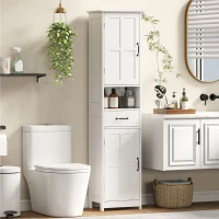 kleankin Columna de Baño con 2 Puertas 1 Cajón Estante Abierto y 2 Armarios con Estante Ajustable 40x30x164 cm Blanco(m-2)