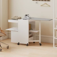 HOMCOM Móvel de engomar, tábua de engomar dobrável com rodas, portas por pressão, dobradiças com fecho suave, branco(m-4)