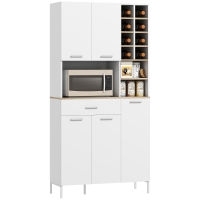 HOMCOM Keukenkast met open schappen, vakken, wijnrek, voorraadkast met 5 kastdeuren, MDF, Wit