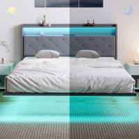 HOMCOM Floating Bed Frame, Upholstered 5ft King Size Bed, Platform Bed with RGB LED Lights and Charging Station, Grey(m-9)