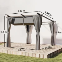 Outsunny 3 x 3 m Retractable Roof Pergola, with Curtains - Light Grey(m-3)