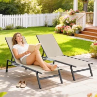 Outsunny Sun Loungers Set of 2 with Side Tray Table, Garden Recliners with 5-Position Adjustable Backrest, 2 Wheels, Khaki(m-2)