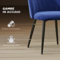 HOMCOM Set 2 Sedie da Pranzo Imbottite con Schienale a Conchiglia in Velluto, 52x55x79 cm, Blu(m-5)