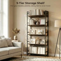 HOMCOM Bookshelf 5-Tier Metal Frame Room Divider Bookcase Storage Shelves for Living Room Rustic Brown(m-5)