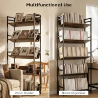 HOMCOM Bookshelf 5-Tier Metal Frame Room Divider Bookcase Storage Shelves for Living Room Rustic Brown(m-4)