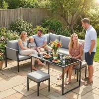 Outsunny Conjunto de Jardim Sofá de Canto Exterior 6 Peças Almofadas 10 cm Mesa Alta e 2 Pufes Cinza(m-5)