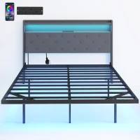 HOMCOM Floating Bed Frame, Upholstered 4ft6 Double Size Bed, Platform Bed with RGB LED Lights and Charging Station, Grey(m-1)