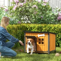 PawHut Cuccia per Cani da Esterno in Legno e Acciaio Anti-Morso, Tetto Apribile e Tenda per Porta, Giallo(m-2)