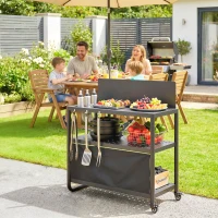 Outsunny Chariot de Barbecue Desserte de Jardin Mobile avec Pare-vent 3 Niveaux Rideau Oxford 100x46x110cm Noir(m-2)