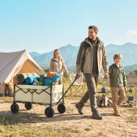 Outsunny 95L Foldable Festival Trolley on Wheels, Collapsible Wagon Cart with Adjustable Handle and 2 Cup Holders, Khaki(m-2)