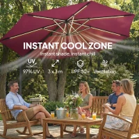 Outsunny 3 m Garden Cantilever Parasol with LED Solar Light, Round Overhanging Umbrella with 360° Rotation, Cover, Wine Red(m-5)