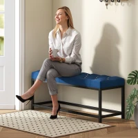 HOMCOM Banco Pie de Cama Tapizado en Terciopelo Diseño Capitoné Base de Metal para Dormitorio Entrada Salón Azul Oscuro(m-5)