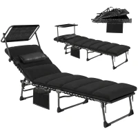 Outsunny Folding Sun Lounger with Canopy, Reclining Sunbed with Cushion, Side Pocket, Carrying Handle, Black(m-10)