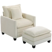 HOMCOM Fauteuil salon avec repose-pied, canapé 1 place en chenille, assise large, rembourrage double couche, 85x128x86cm, crème(m-1)