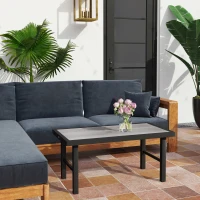 Outsunny Mesa de centro de jardim retangular com tampo SPC efeito madeira em metal, 100 x 52 x 46 cm, preto(m-6)