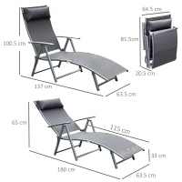 Outsunny Sun Lounger Steel Frame Outdoor Folding Chaise Texteline Lounge Chair Recliner with Headrest & 7 Levels Adjustable Backrest, Grey(m-14)