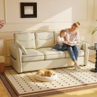 HOMCOM Sofá de 3 Plazas Tapizado en Cuero Sintético Acolchado Grueso Asiento Ancho Reposabrazos Bolsillo Montaje Rápido Beige(m-2)