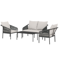 Outsunny Ensemble de jardin 4 pièces Polyrattan salon avec canapé 2 places 2 fauteuils table basse coussins amovibles sangles