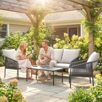 Outsunny Garden furniture set 4-piece Polyrattan lounge set with two-seater 2 armchairs coffee table removable cushions with ties(m-5)