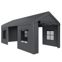 Outsunny 3 x 6 m Heavy Duty Carport, Portable Garage Car Canopy Tent with Galvanised Frame, Doors, Windows, Dark Grey(m-1)