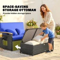 Outsunny Double Garden Rattan Daybed, Wicker Sun Bed Chaise Lounger with Storage Ottoman, 4-Level Adjustable Backrest, Brown(m-8)