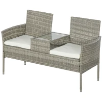 Outsunny Banco de Jardim em Resina Trançada 2 Lugares com Mesa e Almofadas 135x64x81 cm para Varanda e Terraço Preto(m-8)