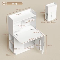 HOMCOM Secretária de computador dobrável, mesa de computador com tampo rebatível, prateleiras e armário, 80x30x128cm, branco(m-3)