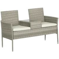 Outsunny Banco de Jardim em Resina Trançada 2 Lugares com Mesa e Almofadas 135x64x81 cm para Varanda e Terraço Preto(m-7)