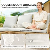 Outsunny Salon de jardin extérieur d'angle 4 places en résine tressée, canapé 2 places, chaise longue, table basse, crème(m-6)