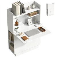 HOMCOM Secretária de computador dobrável, mesa de computador com tampo rebatível, prateleiras e armário, 80x30x128cm, branco(m-7)