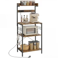 HOMCOM Küchenregal mit 2 Steckdosen Mikrowellenablage Verstellbares Regal Haken 60x42x137 cm Rustikales Braun(m-7)