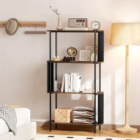 HOMCOM Estante de arrumação, estante/biblioteca de 4 níveis com painéis laterais curvados, estrutura em aço, 80x30x141cm, castanho(m-5)