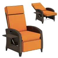 Outsunny Garden Recliner with Cushion, Outdoor Recliner Chair with Adjustable Backrest & Footrest, Side Tray, Orange(m-1)