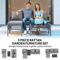 Outsunny 3 Piece Rattan Garden Furniture Corner Sofa Set with Chaise Lounge, Loveseat, Glass Coffee Table, Cushions, Dark Grey(m-4)
